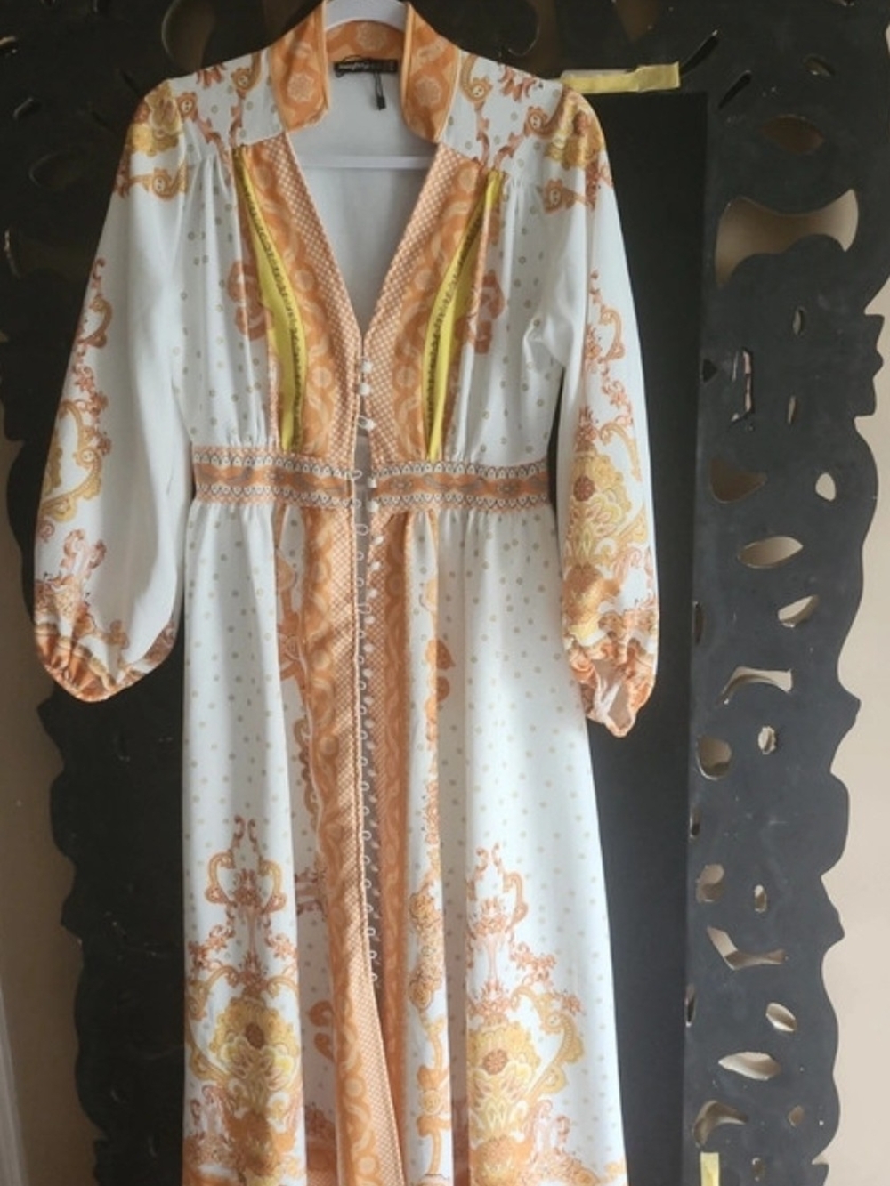 Women's White Maxi Dress with Orange & Yellow Paisley Accents